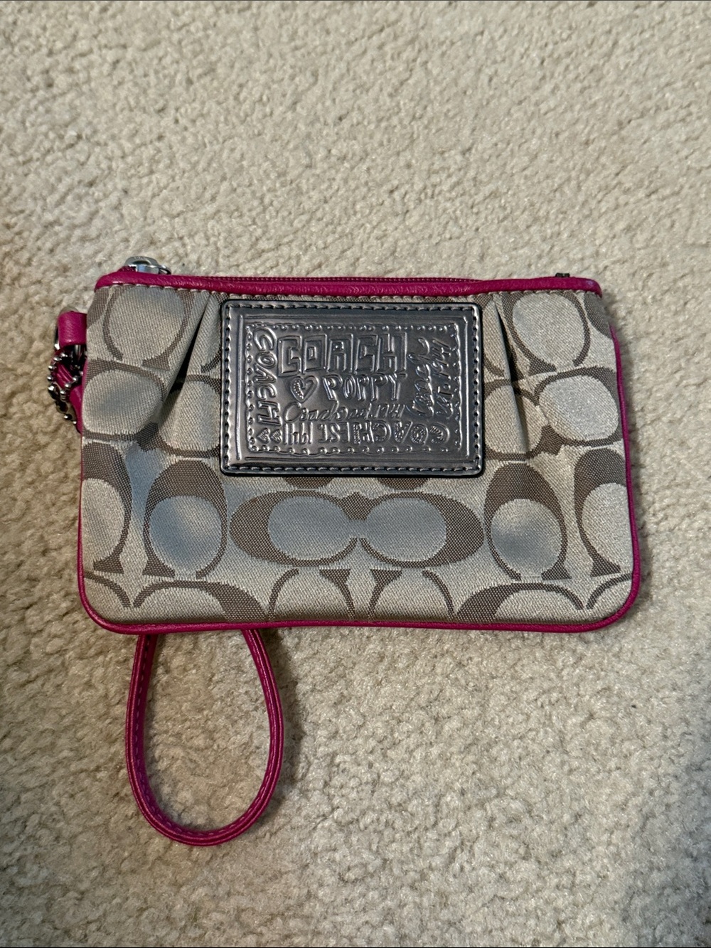 Coach Beige Signature Canvas Wristlet with Pink Trim